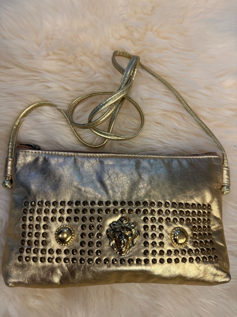 Pinky Bags Metallic Gold Studded Lion head Genuine Leather Clutch crossbody